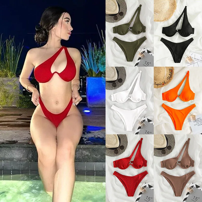 

14 Colors Custom Ribbed Underwire Swimsuit Women One Shoulder Swimwear Sexy Bikinis Beachwear 2023