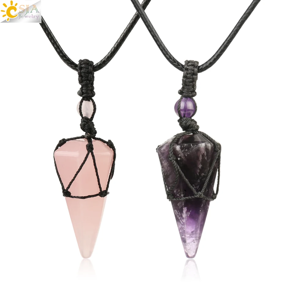 

CSJA wholesale black rope wrapped healing natural stone rose quartz hexagonal prism crystal pendant fashion necklaces G173