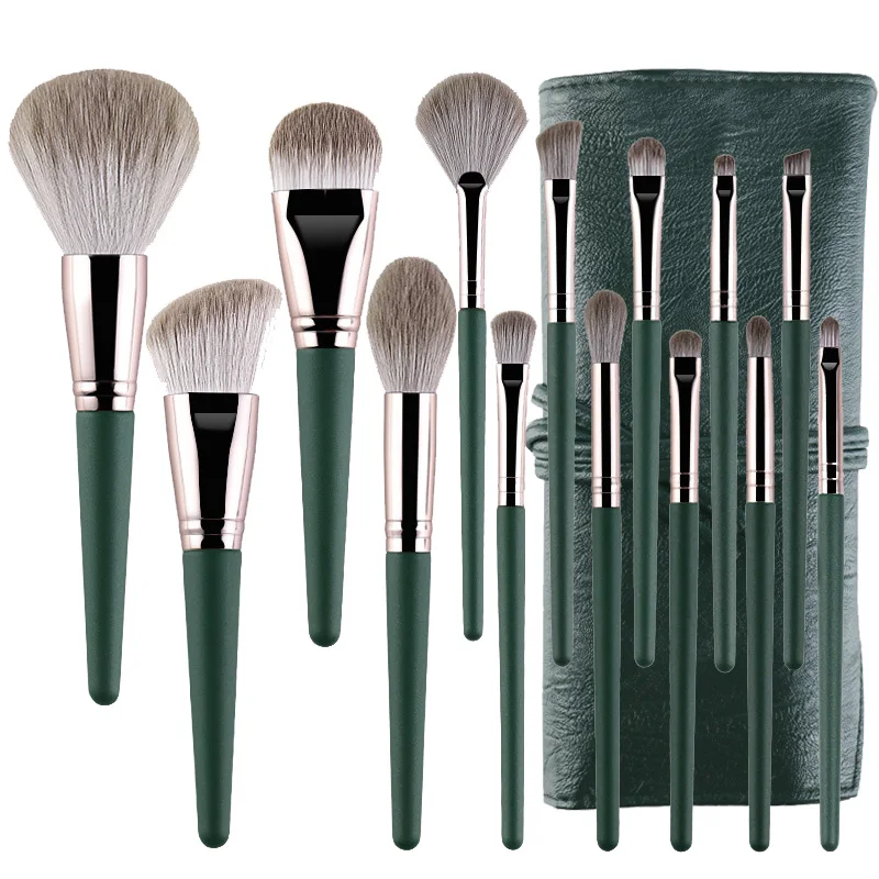 

OEM custom logo cosmetic brush 14 pcs no logo green makeup brush set