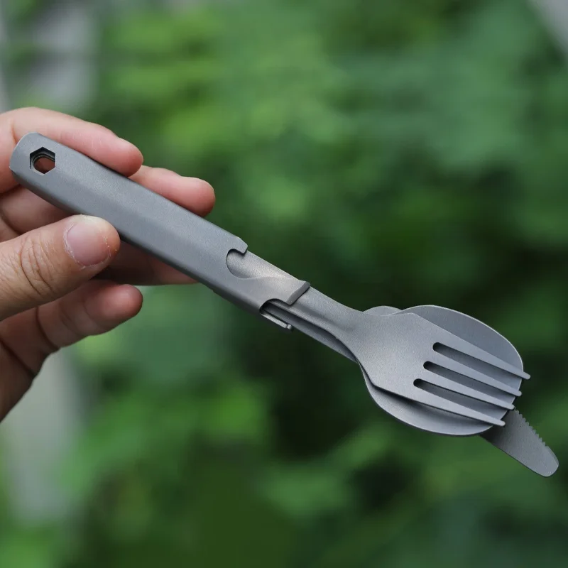 

Portable Spoon Spork Titanium Long Handle Tableware Camping Cutlery, Silver