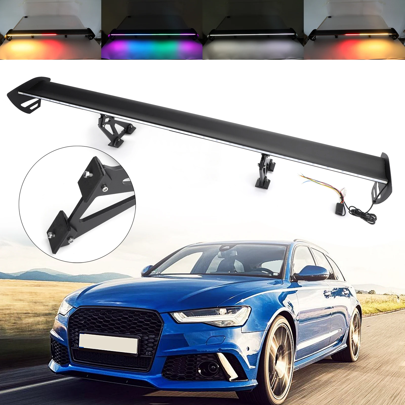 

Areyourshop Universal Sedan Adjustable Aluminum Rear Trunk Wing Racing Spoiler W/ LED Light