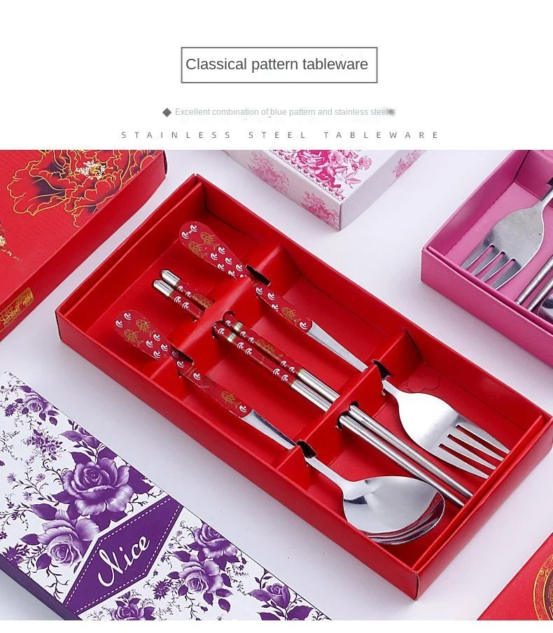 

Stainless Steel Printing Tableware Three-piece Set Chinese Blue and White Porcelain Spoon Fruit Fork Chopsticks Gift Set