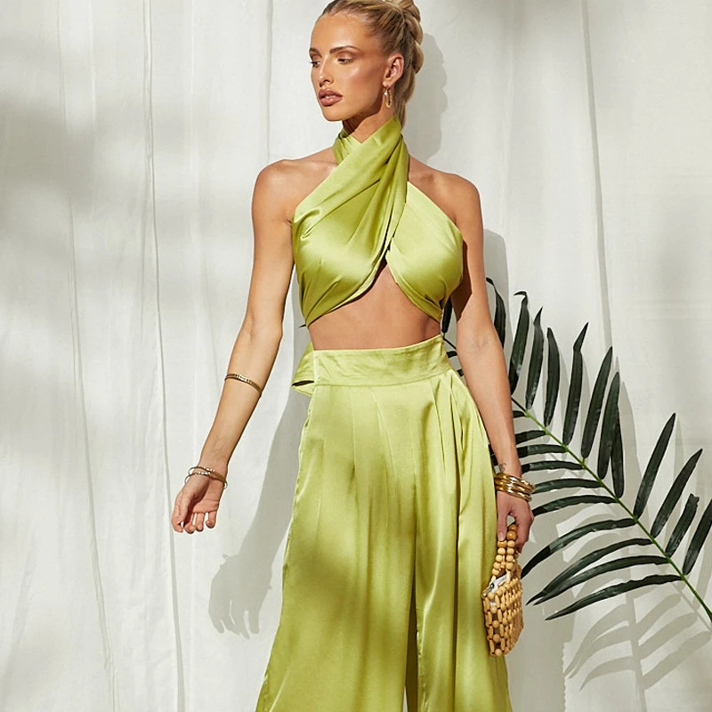 

D 2021 women's new solid color tube top wide leg pants suit