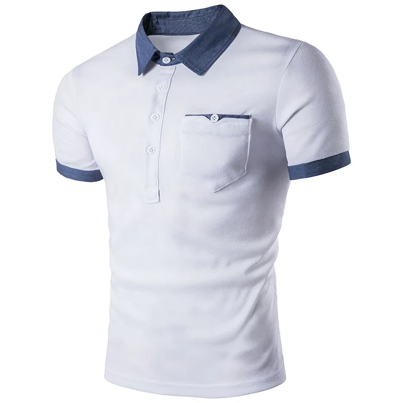 

2021 men's new fashion denim lapel stitching pure cotton slimming chest pocket decoration polo t shirts