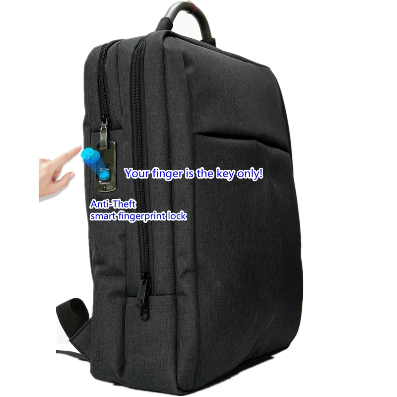 

Drop shipping Gray Anti theft backpack with fingerprint lock backpacks black rucksack with Fingerprint rucksack backpack, Black/gray