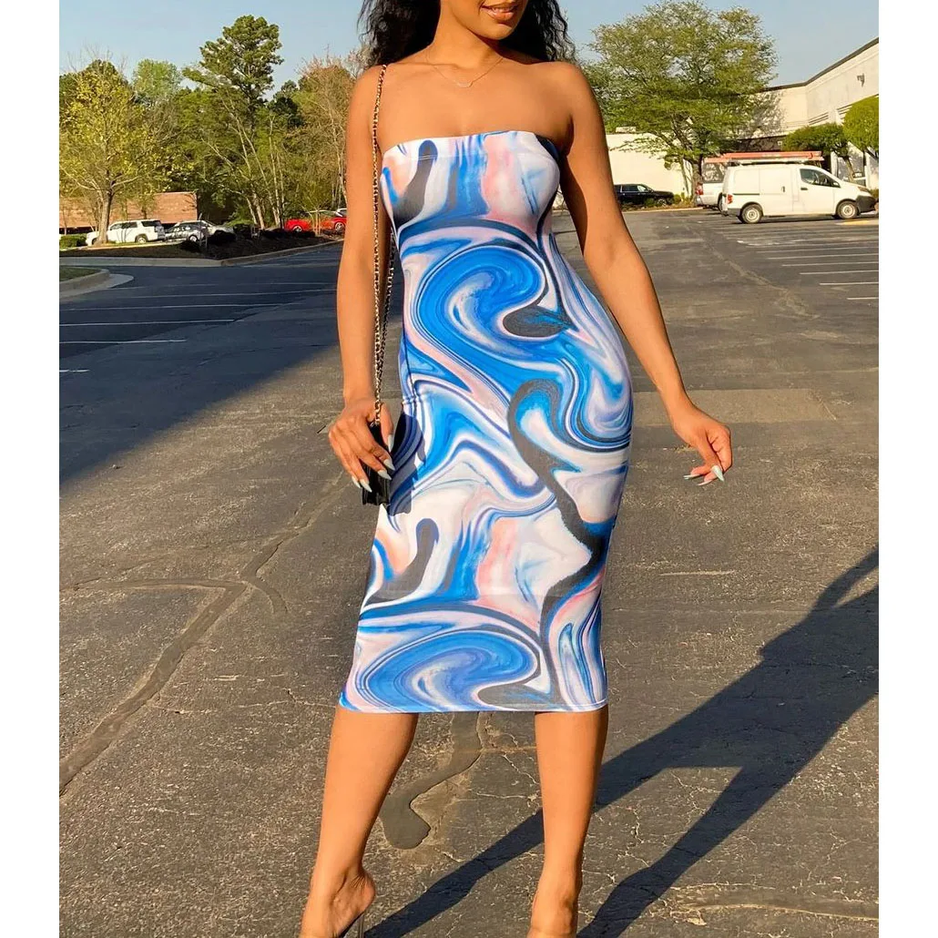 

FS3142D women's wear sexy fashion printing sleeveless tube dresses