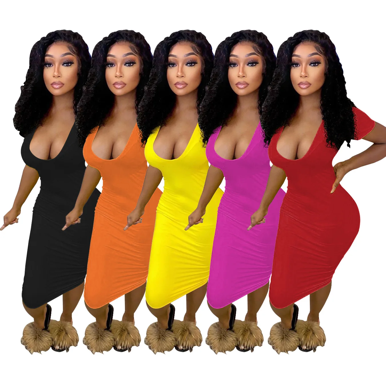 

Low Cut V Neck Women's Short Sleeve Skinny Sexy Long Night Club Dresses, In available