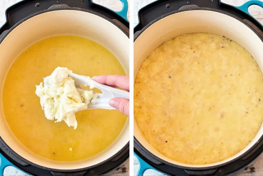 Step-by-step preparation of white chicken chili with cream cheese showing cream cheese melting into the broth