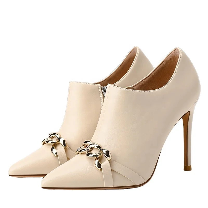 

Good Quality Trendy Comfortable Pointed Toe Rubber Chain Womens Fashion Leather Heel Boots Ankle Shoes, Black,apricot