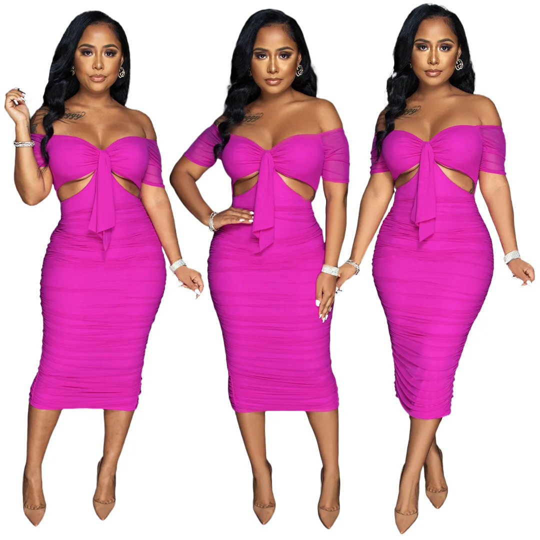 

2022 New Arrivals Outfit Bodycon Dresses Women Clothing Wrap Fitness Off Shoulder Ruched Dress Solid Midi Women Summer Dresses, Customized color