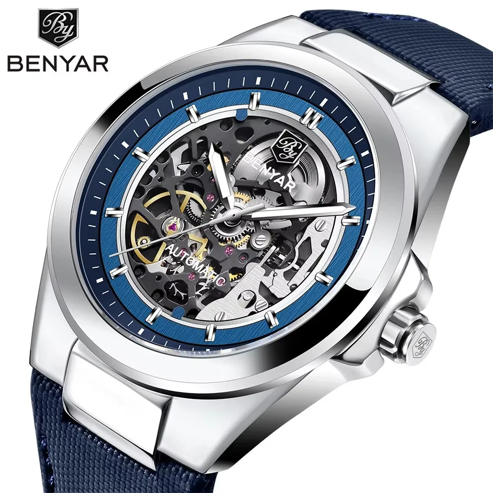 BENMYAR Automatic Watch for Men 5207 Luxury 42mm Hollow Luminous Dial 50 Meter Waterproof Fashion Mechanical Watches Men's Reloj
