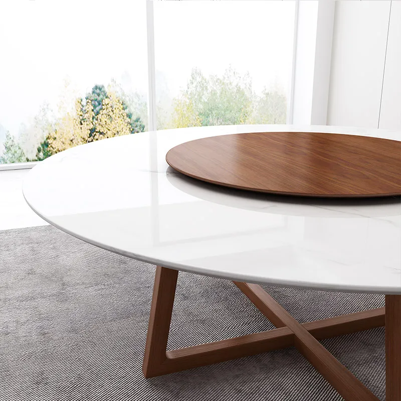 
Nordic marble dining table 8 people round turntable white solid Ash wood dining table 
