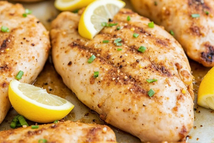 Close-up of garlic pepper seasoning sprinkled on grilled chicken with lemon wedges