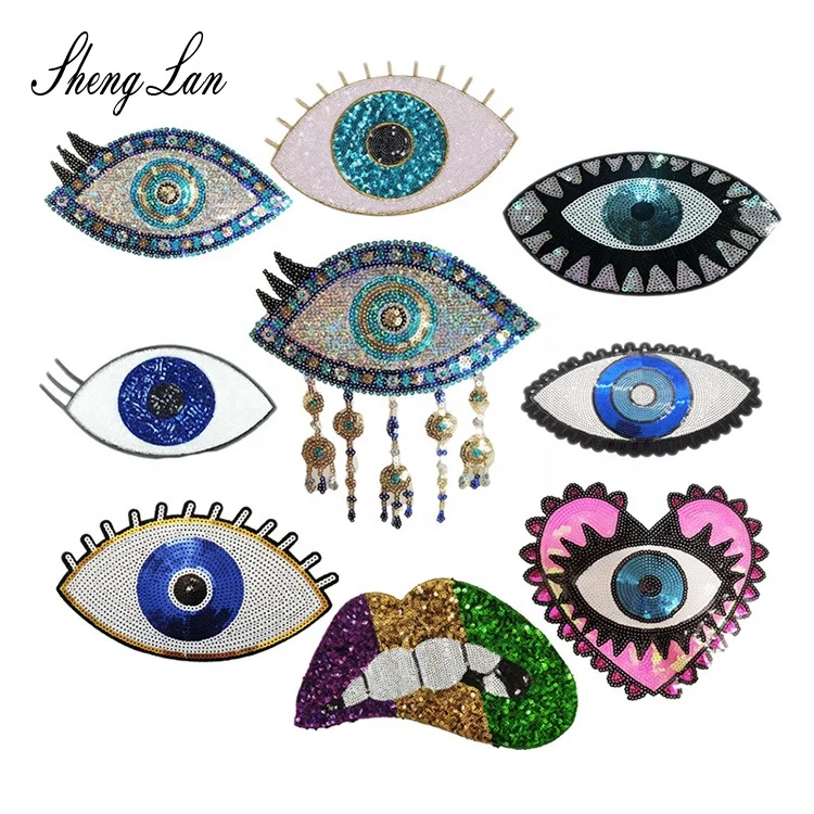 

Shenglan Fashion Heat Press Evil Eye Sequin Patches Custom Iron Patches For kinds Clothing, Picture