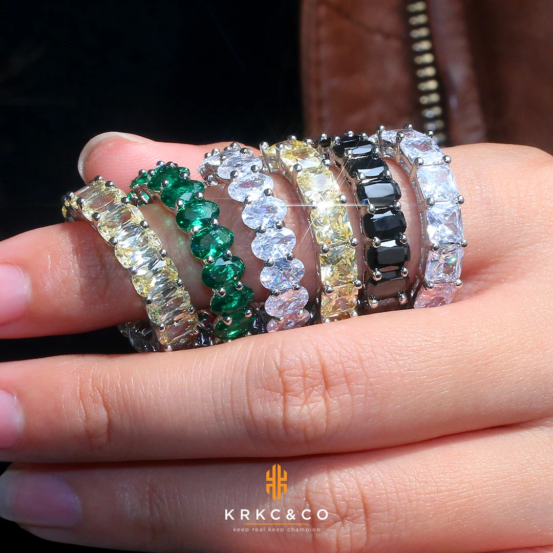 

KRKC Crystal Zircon CZ Tennis Ring Emerald Green Birth Stones Size 5 6 7 Silver White Gold Plate Oval Diamond Ring for Women