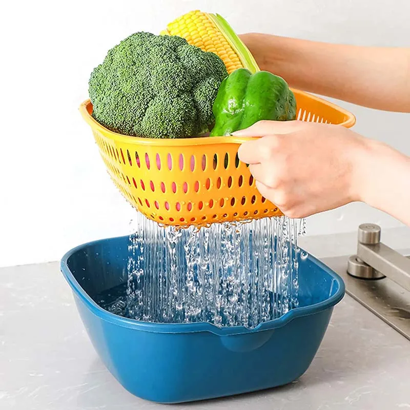 

2-in-1 Detachable Multi-layer Plastic Kitchen Food Strainer Fruits Vegetable Washing Baskets 6 Pieces Drain Colander Set