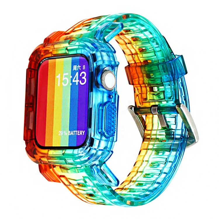 

Fashion New Soft Tpu For Apple Watch Iwatch Series 6 5 4 3 2 Gradient Colors Rainbow Watch Bands Strap With Metal Buckle