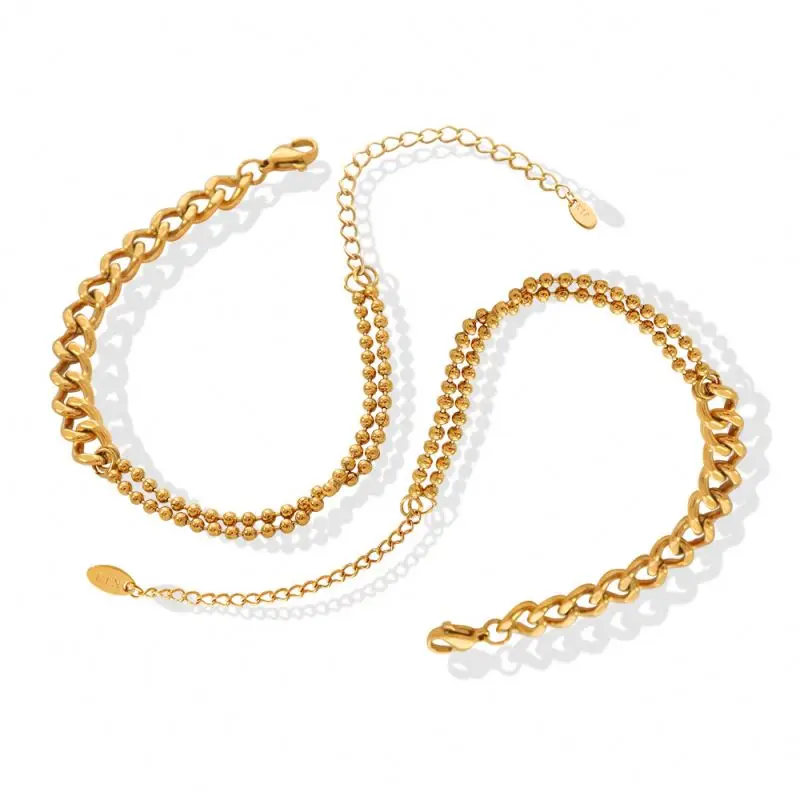 

Hot Sale Conventional Chain Splicing Double Layer Rice Bead Titanium Steel Plated 18k Gold Bracelet Women Chain Bracelets, 2 colors