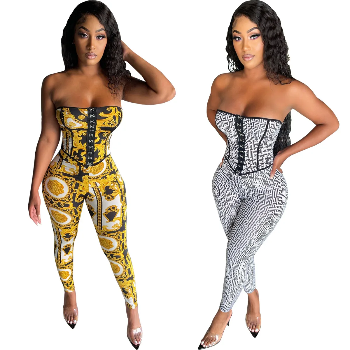 

Fashion 2021 Custom Summer/Fall Set Slash Neck Sleeveless Corset Floral Print Sexy Two Piece Pants Set Women Clothing, Yellow,gray