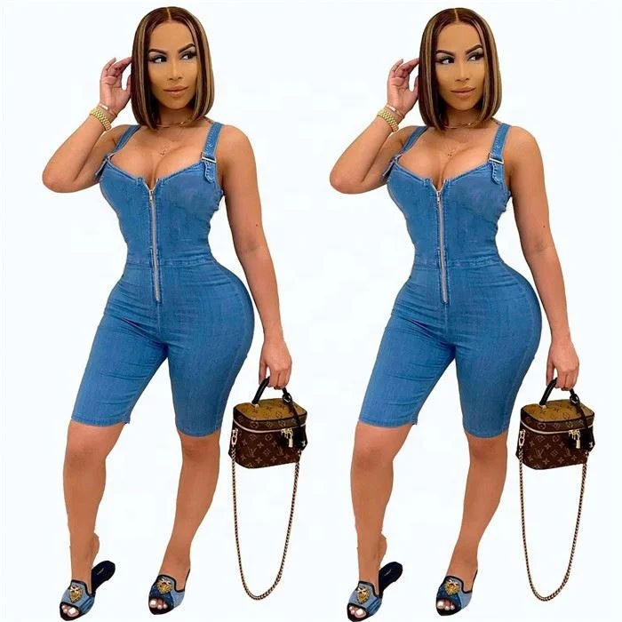 

2021 Summer Solid Color Zipper High Elasticity Denim Short Jumpsuit Romper Women, Picture shown