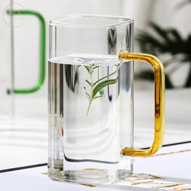 

Bulk Wholesale 380ml Transparent Glass Cups With Colored Handle For Tea And Coffe, Transparent clear