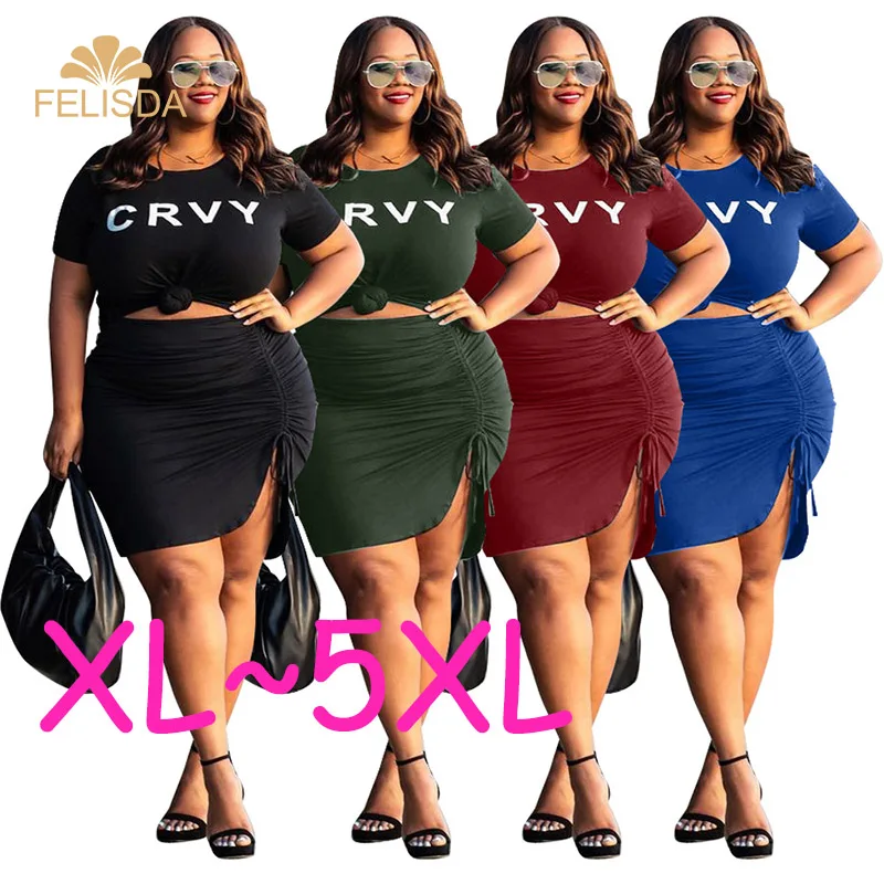 

Plus Size Women Clothing Two Piece Short Set 3XL 4XL 5XL Fashion Print Top Shirts Short Skirts Suits 2 Piece Sets Wholesale