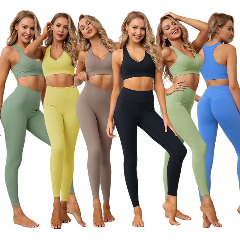 

Sexy v neck seamless gym outfit running fitness 2pc 2 piece yoga suit legging sets for women, 6 colors or oem