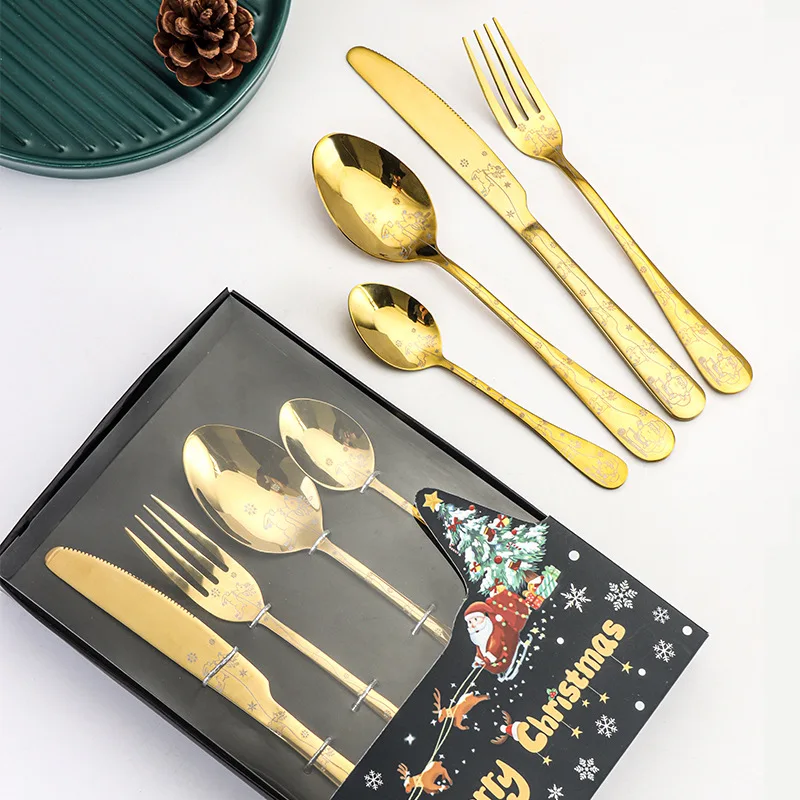 

Engraving Flower Pattern Flatware Cutlery Gold Gift Set Knife and Fork Spoons Box Set for Christmas