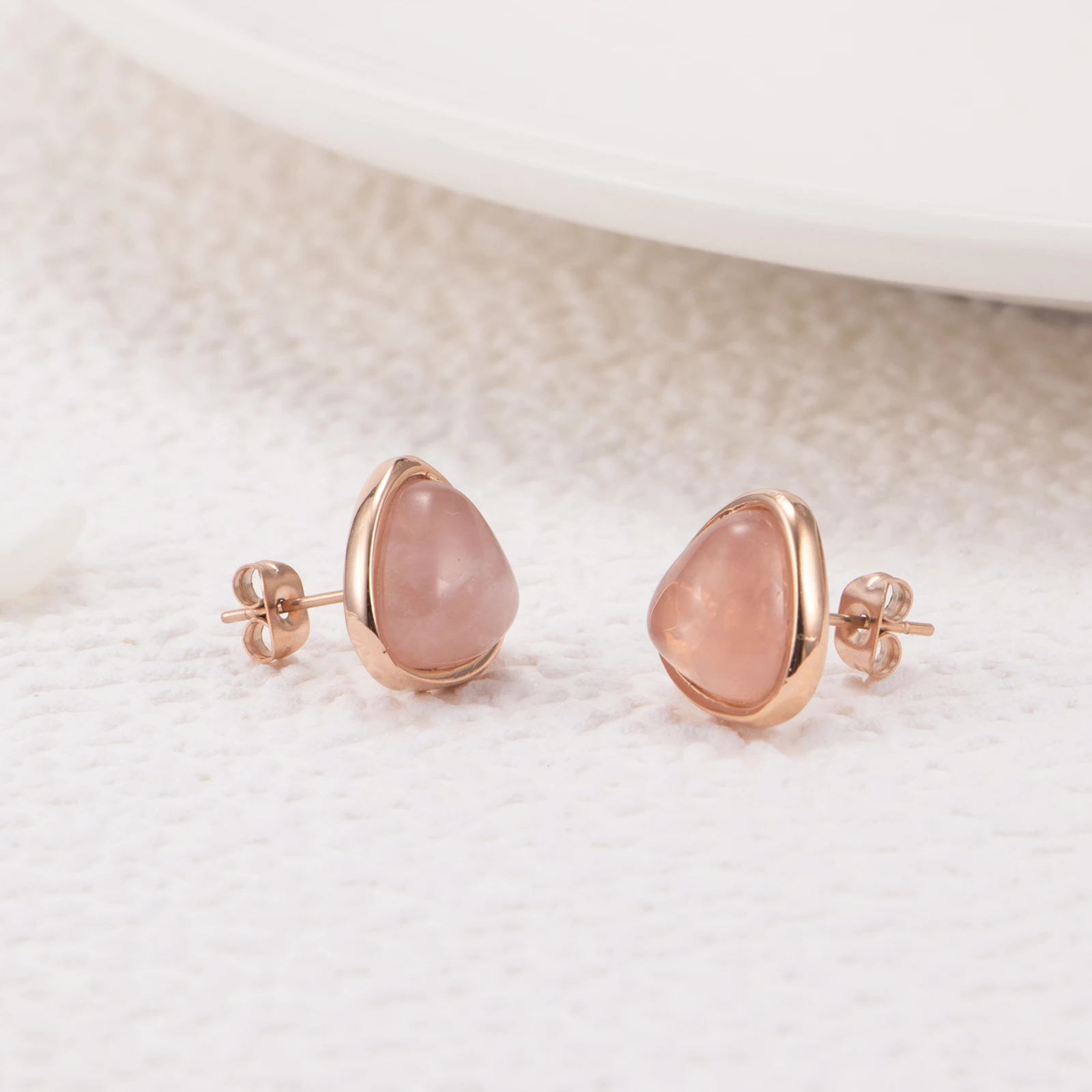 

Elegant Women's Natural Stone Pink Rose Quartz Stud Earrings, Picture shows