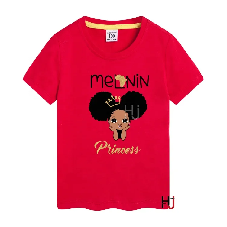 

Little melanin princess with Afro ponytail print kids tshirt clothes black girl magic graphic t-shirt cotton t shirts for print, As picture show