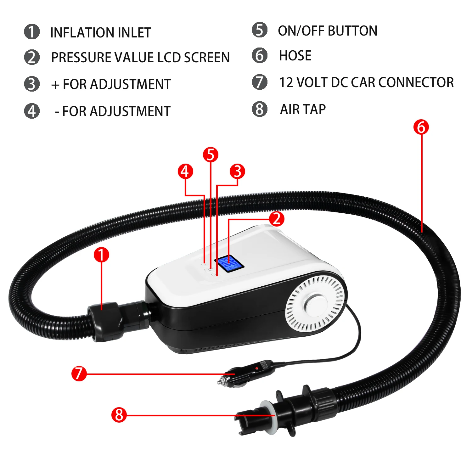 

12V Air Pump, Paddle Board Pump, 20PSI SUP High Pressure Auto-Off Function for Boats, Surfboards, Speedboats, Kayak, Pool, Blue/white