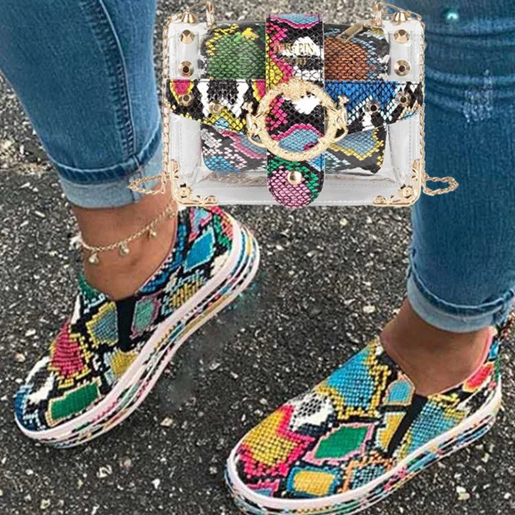 

Snake print woman casual slip on loafers shoes with matching hand bag big size 10