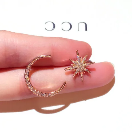 

Hot Sale Asymmetry Moon Star Women Earrings Elegant Bling Shine Zirconia High QualityStud Earring Birthday Gift Jewelry, Picture shows