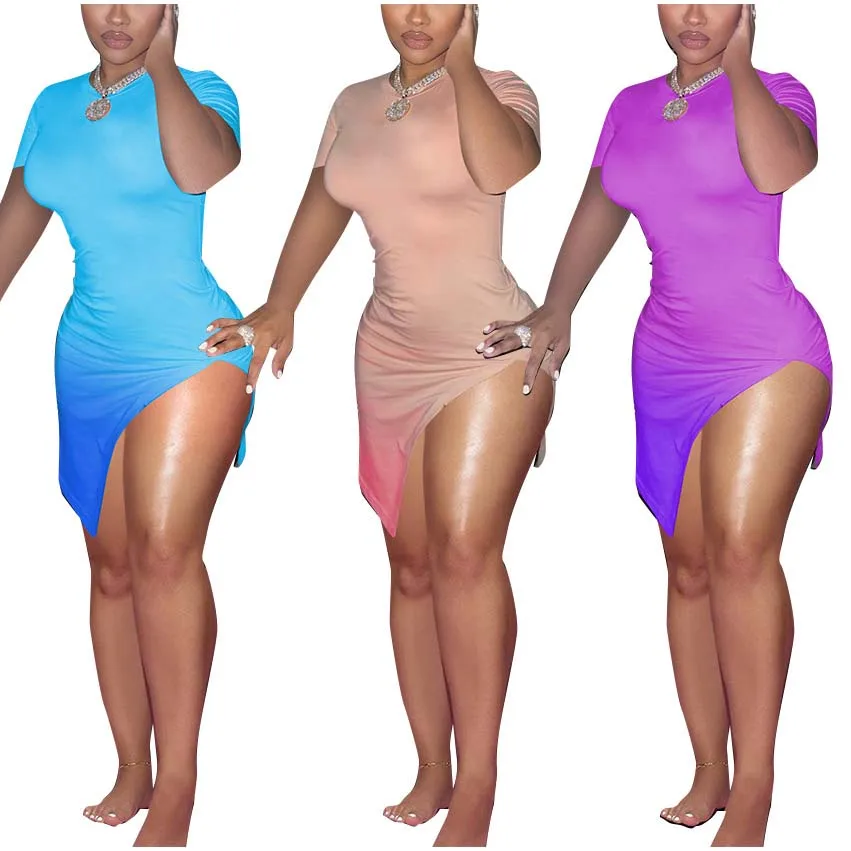 

FS2632D Summer bodycon mini dresses women short sleeve casual streetwear slit dress