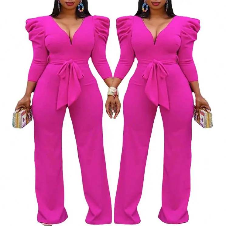 

High Quality Casual Deep V Neck Bandage Plus Size Club Wear Long Sleeve Bodysuit Women Wide Leg Romper