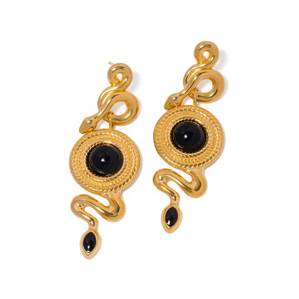 

J&D Jewelry Dainty Stainless Steel Texture 18K Gold Plated Black Agate Stone Hammer Snake Drop Earring