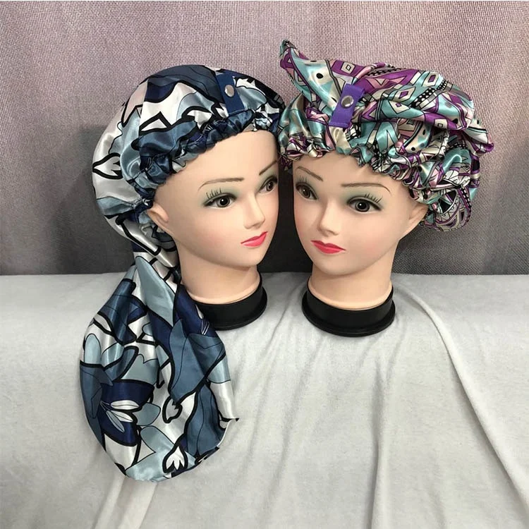 

hot sale new design bonnet with button soft premium satin sleeping hat bonnet