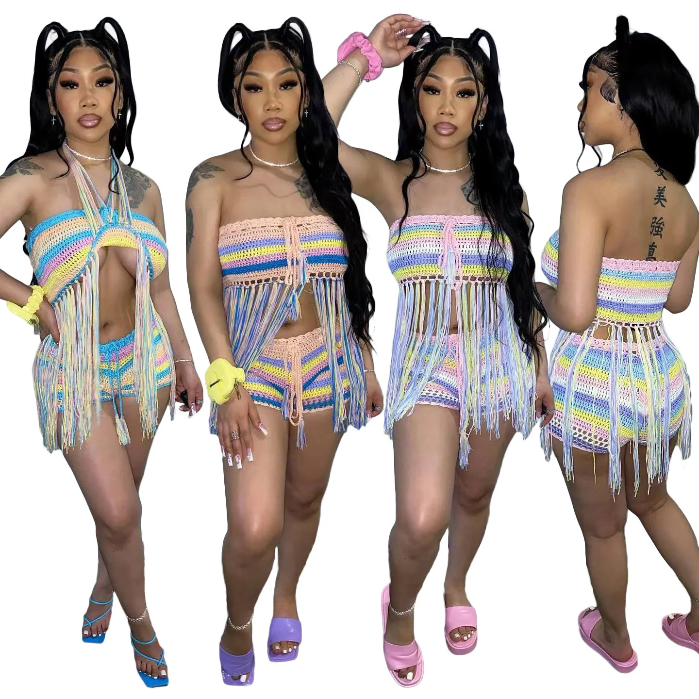 

2022 Wholesale Clothes Women's Sexy Two Piece Sets Summer Beachwear Crop Top Mesh Bikini 2 Piece Pants Set Outfits Clothing, Customized color