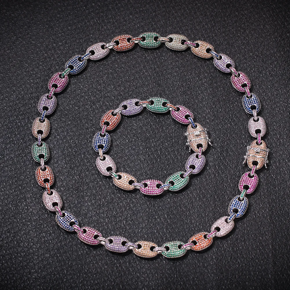 

Colorful Zircon Iced Out Coffee Bean Cuban Link Chain crystal jewelry emerald green necklace