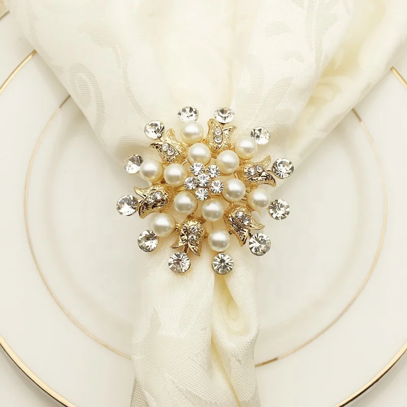 

Gold Pearl Rose Flower Napkin Rings Metal Napkin Buckle Silver Diamond Napkin Rings Wedding Table Decoration HWP10