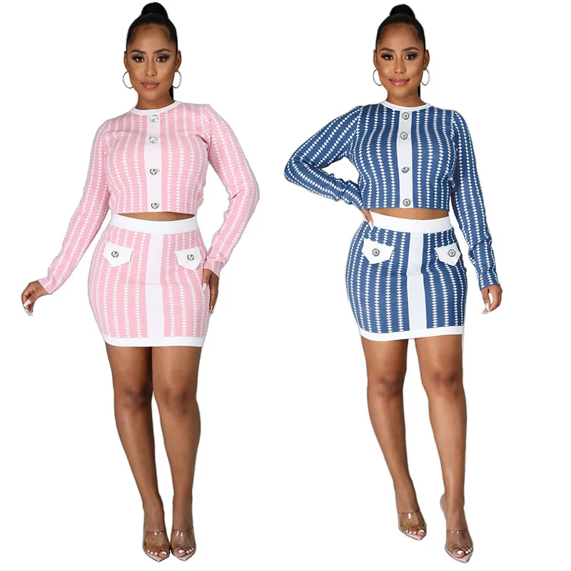 

RaHB1018 two piece set women long sleeves elegant clothing birthday party sexy crop top skirts, Shown