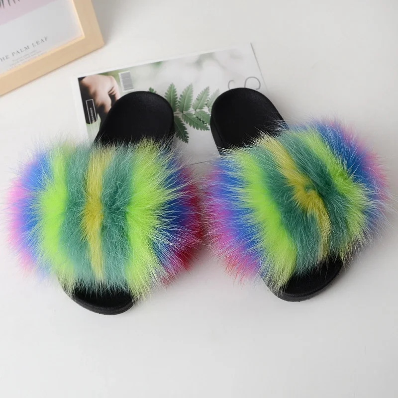 

Best price real fur slides fox fluffy faux rainbow racoon plush slippers, Customized color