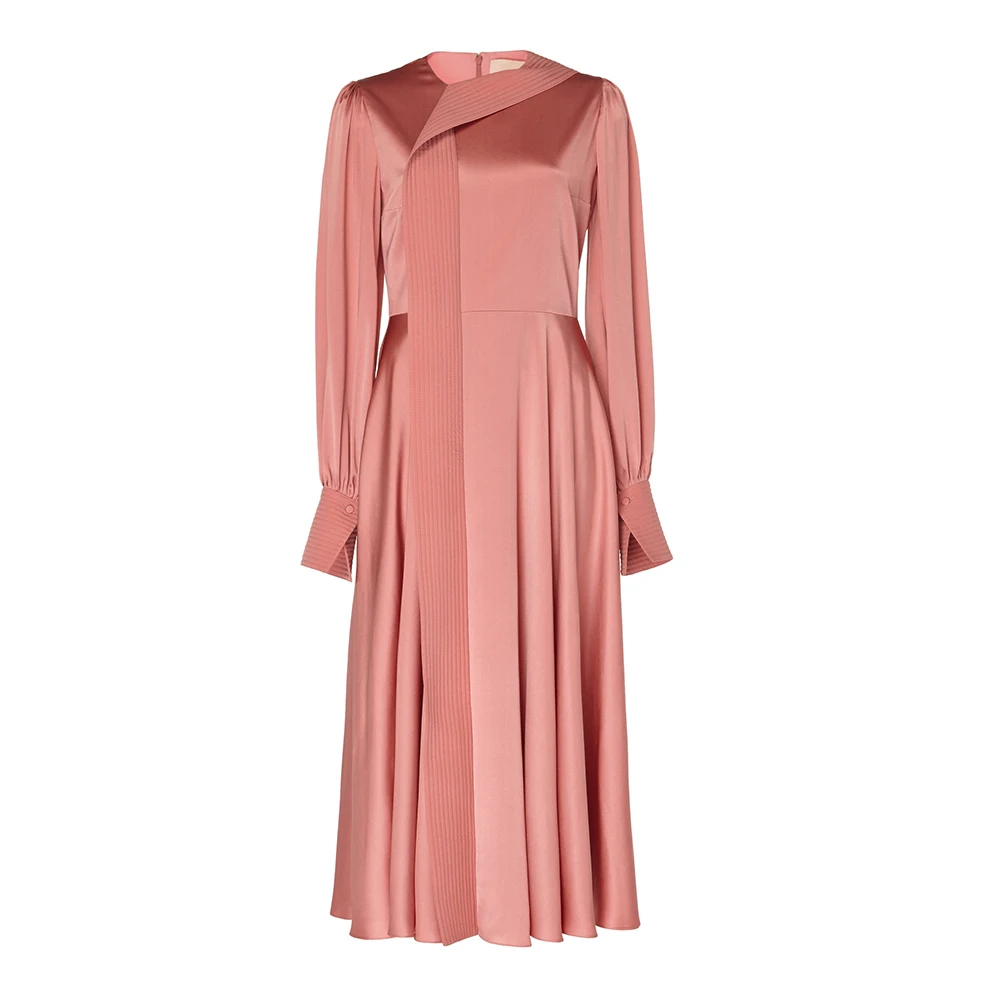 new women autumn designs pink long sleeve pleated satin modest elegant maxi ladies dress