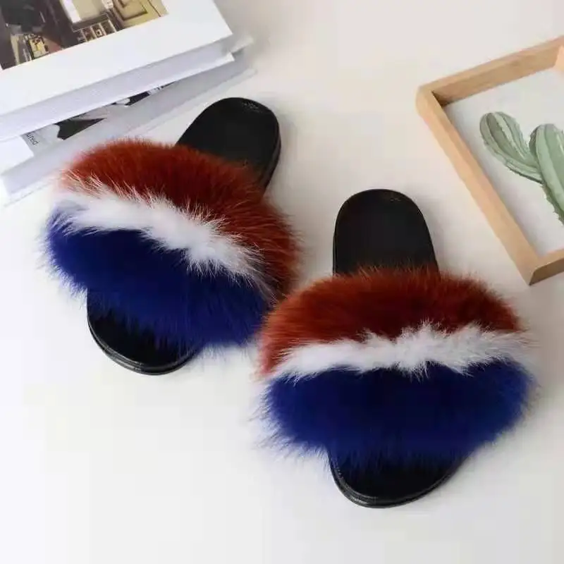 

Female fox fur Colourful Fuzzy slippers Beach Summer open toe fur slides for women, Customized color