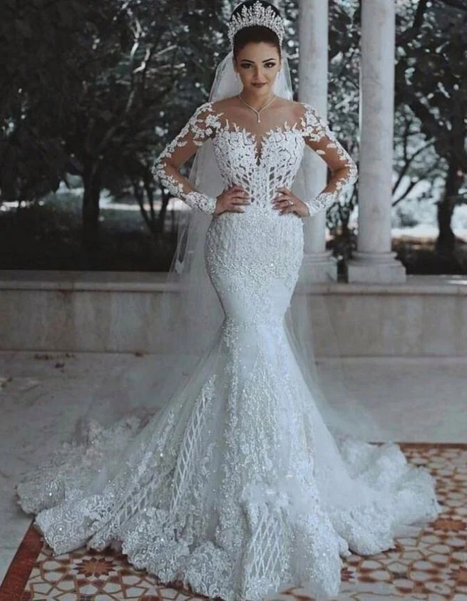 

Sexy Luxury High Quality Ivory Beaded Sequined Wedding Dress Lace Appliques Bridal Gown with Sweep Train 2021 Bridal Gowns