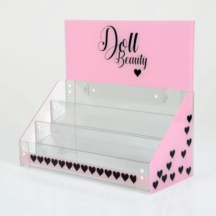 Customized Made Plexiglass Tiered Makeups Rack Clear Acrylic False Eyelash Display Stand With