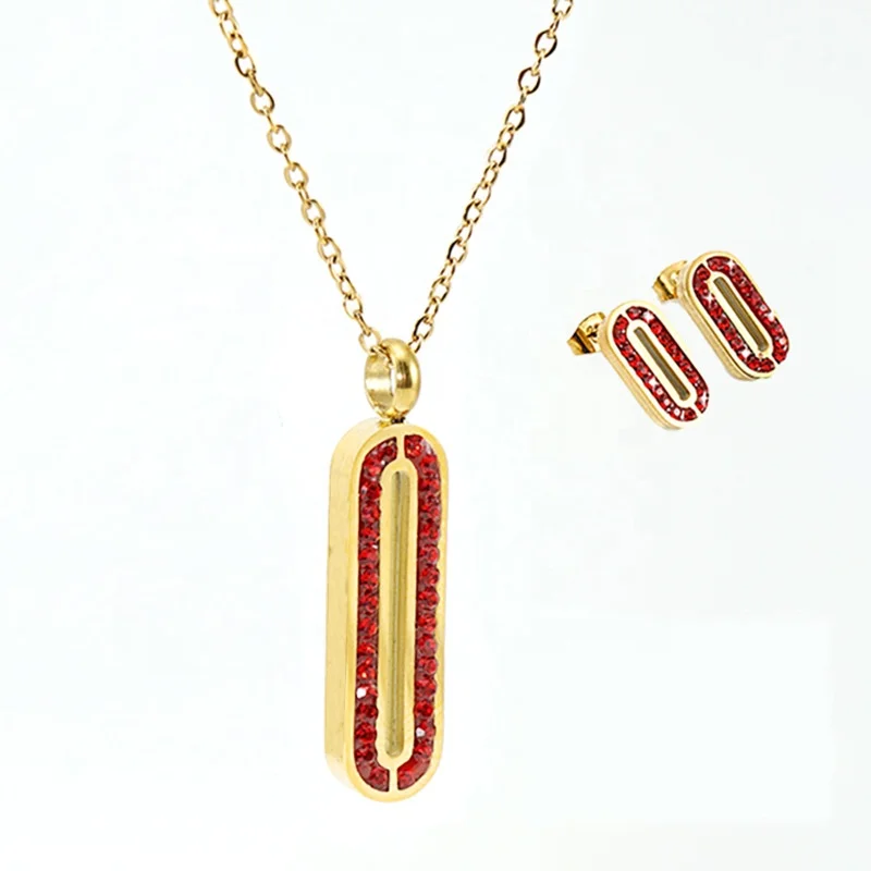 

Titanium steel rhinestone necklace earrings gold oval stainless steel jewelry suitable for women's fashion suits.