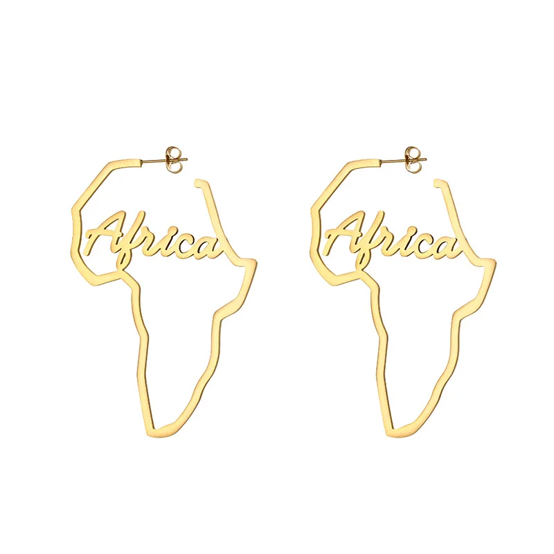 

2022 2021 unique design Love Africa map earrings 18K gold laser letter stainless steel earrings for woman