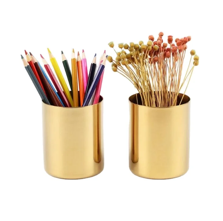 

Nordic Style Gold Round Metal Pen holder Stainless Steel Brass Vase For Home Decoration Desk Organizers