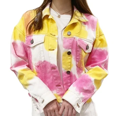 

KY colorful hot sale new design raw-cut edge women oversized fit tie dye denim jean jackets for ladies